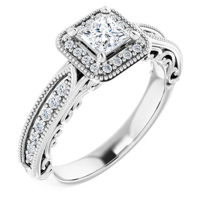 14K White Gold 1/3 CT Princess Cut Diamond Halo Engagement Ring with Milgrain Accents