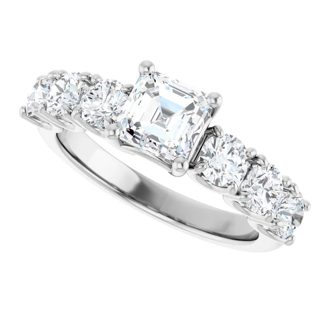 14K White Gold 2 1/5 CTW Asscher-Cut Diamond Engagement Ring with Round Graduated Side Stones