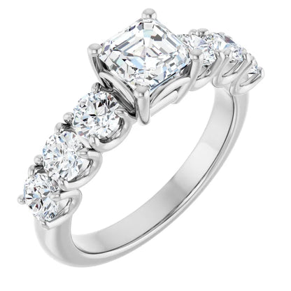 14K White Gold 2 1/5 CTW Asscher-Cut Diamond Engagement Ring with Round Graduated Side Stones