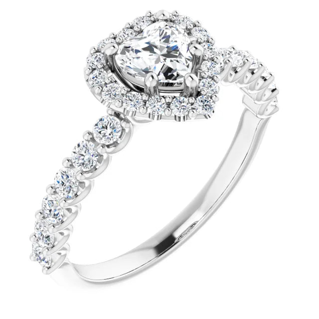 14K White Gold 2 CTW Heart-Cut Diamond Halo Engagement Ring with Pavé Band