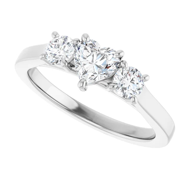 14K White Gold 3/4 CTW Heart-Cut Diamond Three-Stone Engagement Ring with Round Accents