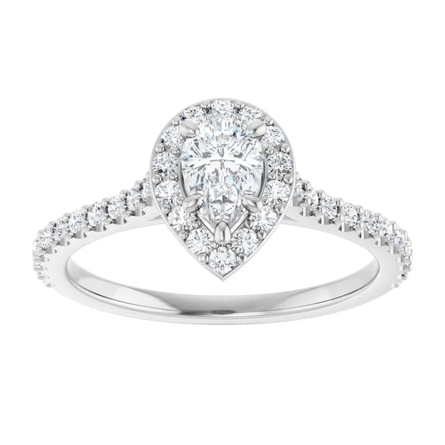 14K White Gold 3/4 CTW Pear-Cut Diamond Halo Engagement Ring with Hidden Accent