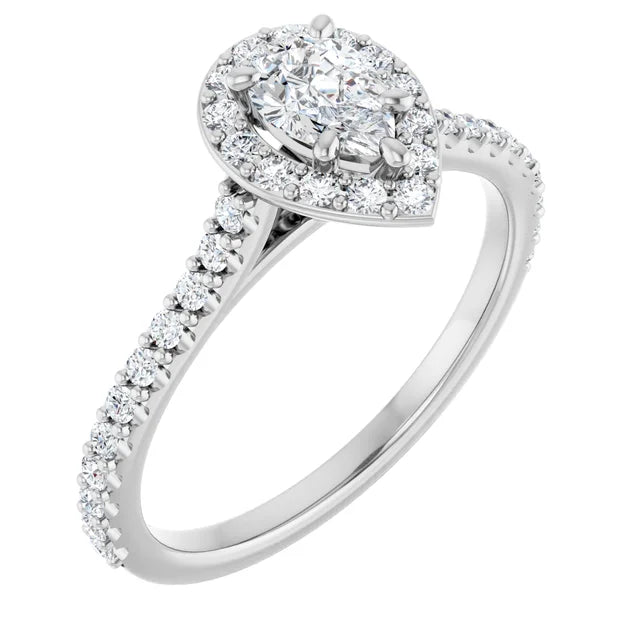 14K White Gold 3/4 CTW Pear-Cut Diamond Halo Engagement Ring with Hidden Accent