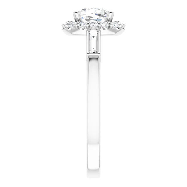 14K White Gold 5/8 CT Cushion Halo Engagement Ring with Baguette Accents