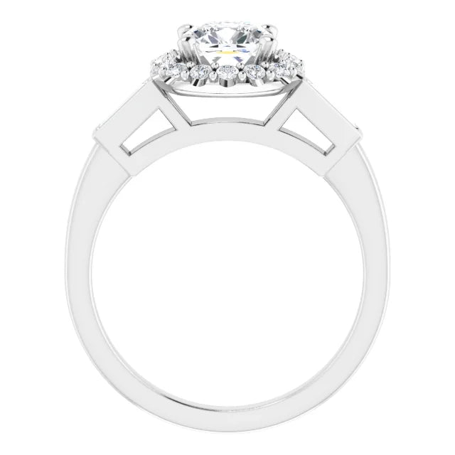 14K White Gold 5/8 CT Cushion Halo Engagement Ring with Baguette Accents