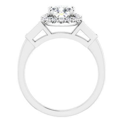 14K White Gold 5/8 CT Cushion Halo Engagement Ring with Baguette Accents