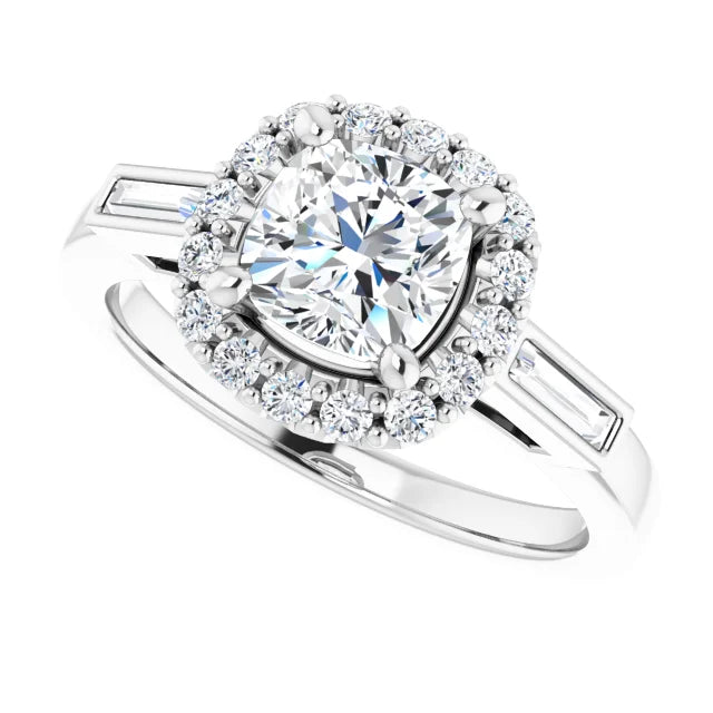 14K White Gold 5/8 CT Cushion Halo Engagement Ring with Baguette Accents