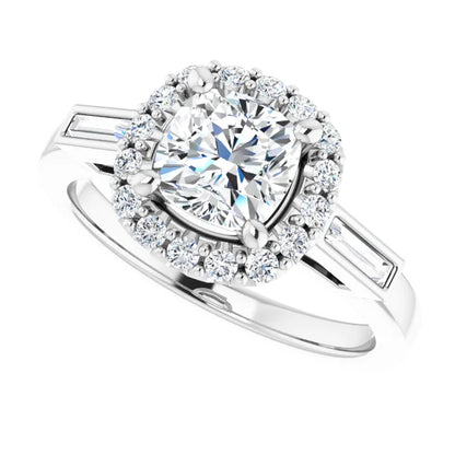 14K White Gold 5/8 CT Cushion Halo Engagement Ring with Baguette Accents