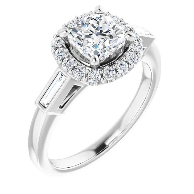 14K White Gold 5/8 CT Cushion Halo Engagement Ring with Baguette Accents