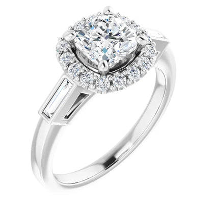 14K White Gold 5/8 CT Cushion Halo Engagement Ring with Baguette Accents