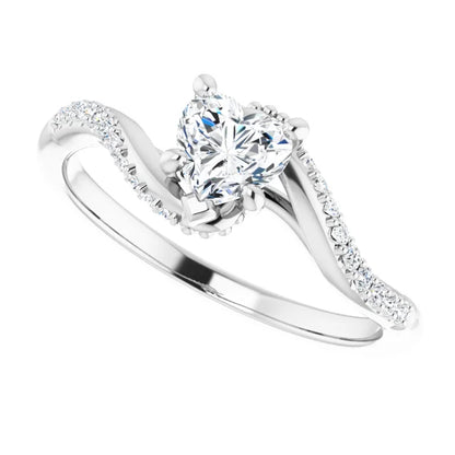 14K White Gold 5/8 CTW Heart Diamond Engagement Ring with Twisting Pavé Band