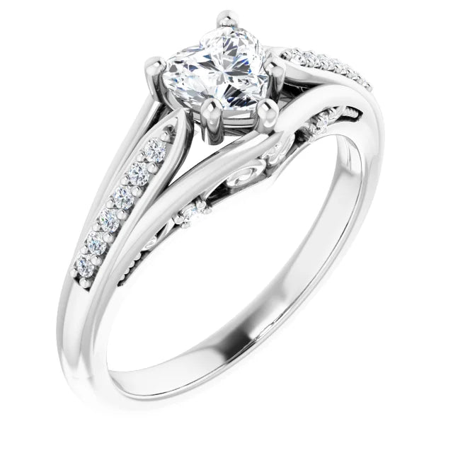 14K White Gold 5/8 CTW Heart Diamond Engagement Ring with Split Pavé Band