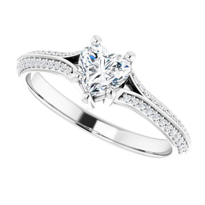 14K White Gold 5/8 CTW Heart Diamond Engagement Ring with Split Pavé Shoulders