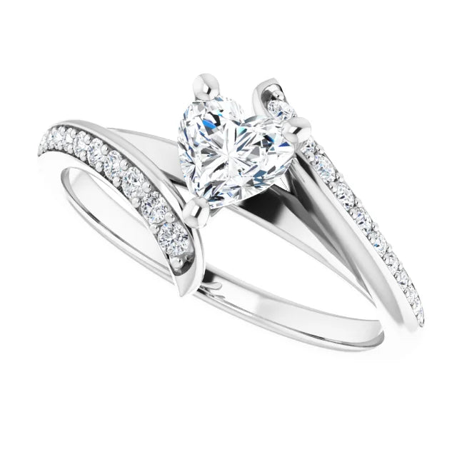 14K White Gold 5/8 CTW Heart Diamond Engagement Ring with Twisting Pavé Band