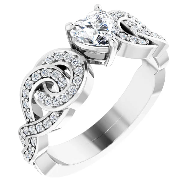 14K White Gold 7/8 CTW Heart Diamond Engagement Ring with Interlocking Halo Design