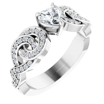 14K White Gold 7/8 CTW Heart Diamond Engagement Ring with Interlocking Halo Design