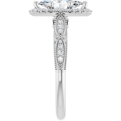 14K White Gold 7/8 CTW Marquise-Cut Diamond Halo Engagement Ring with Milgrain Accents