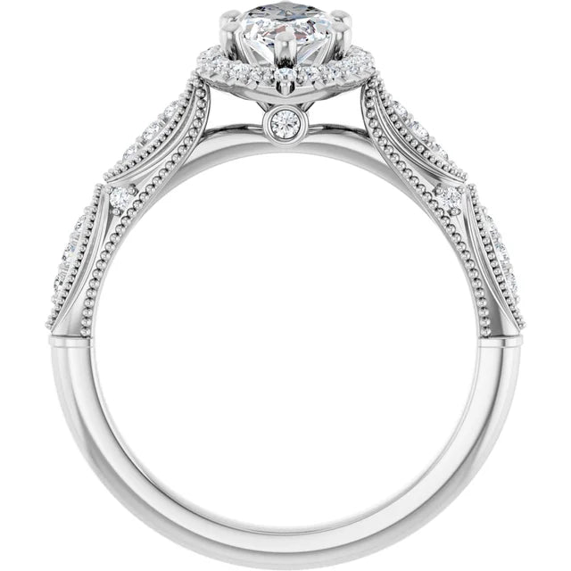 14K White Gold 7/8 CTW Marquise-Cut Diamond Halo Engagement Ring with Milgrain Accents