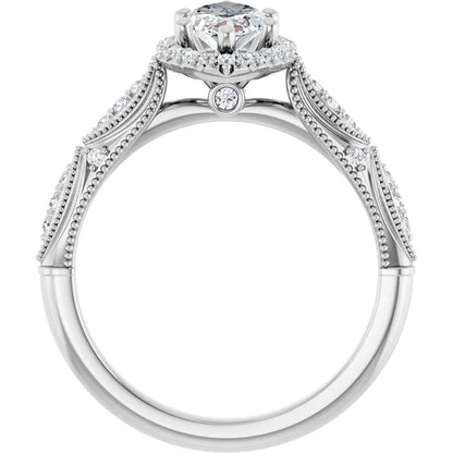 14K White Gold 7/8 CTW Marquise-Cut Diamond Halo Engagement Ring with Milgrain Accents