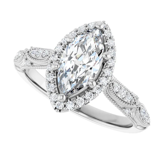 14K White Gold 7/8 CTW Marquise-Cut Diamond Halo Engagement Ring with Milgrain Accents