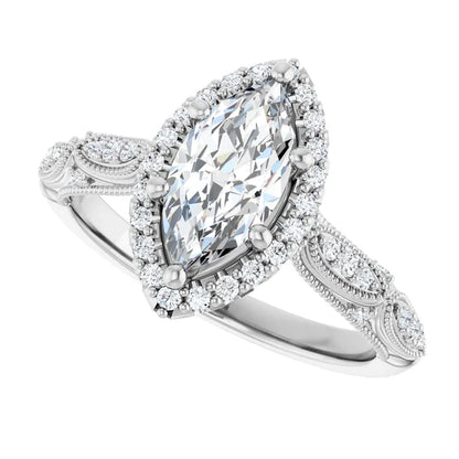 14K White Gold 7/8 CTW Marquise-Cut Diamond Halo Engagement Ring with Milgrain Accents