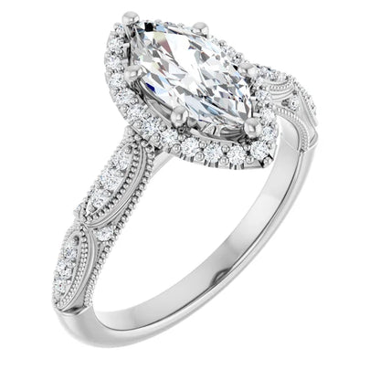 14K White Gold 7/8 CTW Marquise-Cut Diamond Halo Engagement Ring with Milgrain Accents