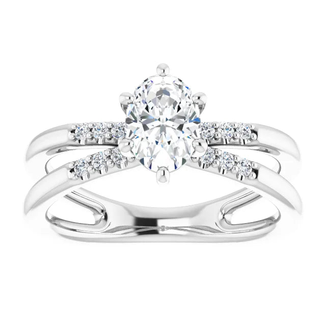 14K White Gold 7/8 CTW Oval-Cut Diamond Double Row Engagement Ring with Double Split Shank