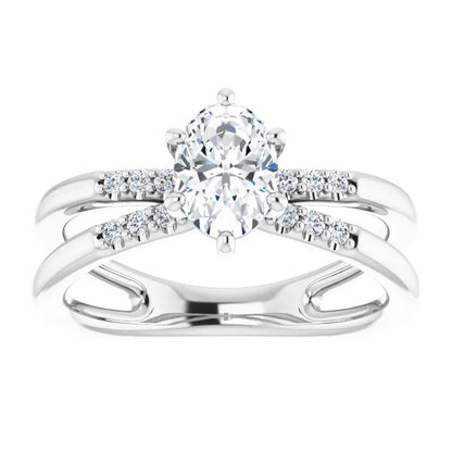 14K White Gold 7/8 CTW Oval-Cut Diamond Double Row Engagement Ring with Double Split Shank