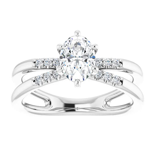 14K White Gold 7/8 CTW Oval-Cut Diamond Double Row Engagement Ring with Double Split Shank