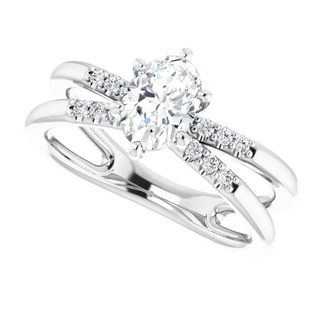 14K White Gold 7/8 CTW Oval-Cut Diamond Double Row Engagement Ring with Double Split Shank