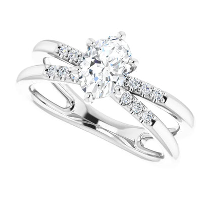 14K White Gold 7/8 CTW Oval-Cut Diamond Double Row Engagement Ring with Double Split Shank