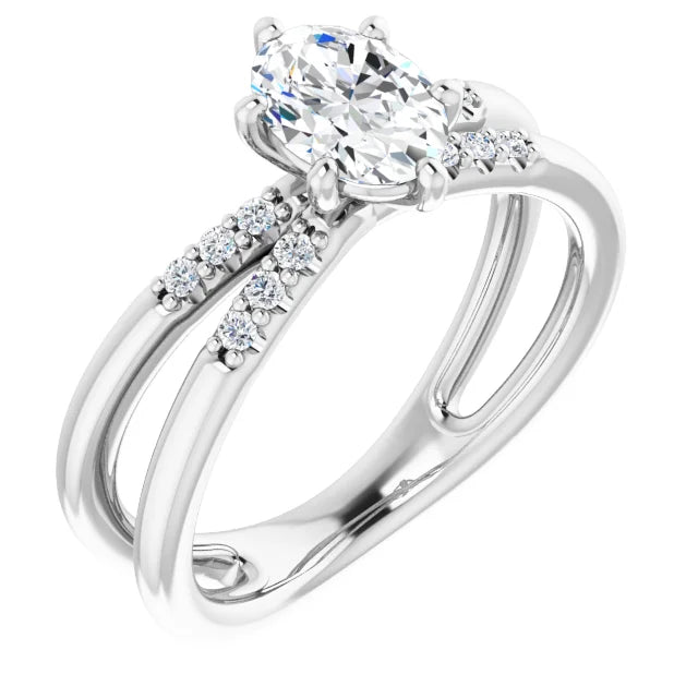14K White Gold 7/8 CTW Oval-Cut Diamond Double Row Engagement Ring with Double Split Shank