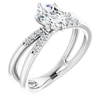 14K White Gold 7/8 CTW Oval-Cut Diamond Double Row Engagement Ring with Double Split Shank