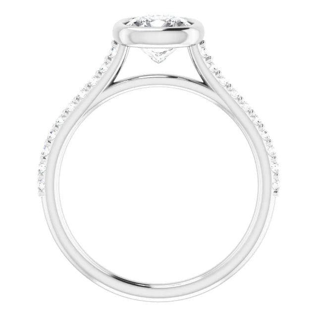 14K White Gold Cushion-Cut Diamond Bezel Engagement Ring with Pavé Accents