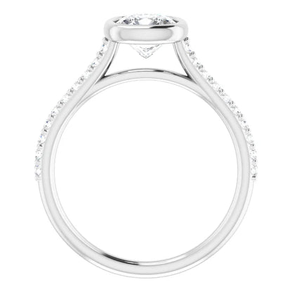 14K White Gold Cushion-Cut Diamond Bezel Engagement Ring with Pavé Accents