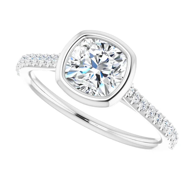 14K White Gold Cushion-Cut Diamond Bezel Engagement Ring with Pavé Accents