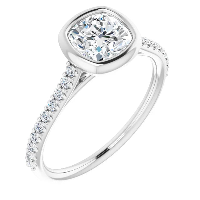 14K White Gold Cushion-Cut Diamond Bezel Engagement Ring with Pavé Accents