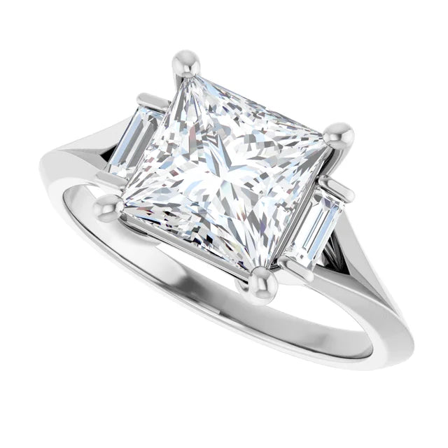 14K White Gold Princess Cut 1 1/4 CT Diamond Engagement Ring with Baguette Side Stones