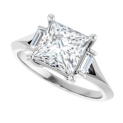 14K White Gold Princess Cut 1 1/4 CT Diamond Engagement Ring with Baguette Side Stones