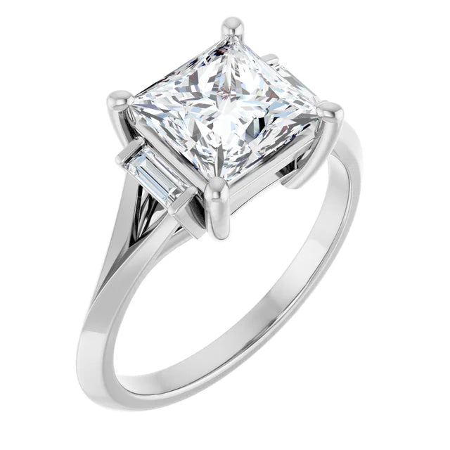 14K White Gold Princess Cut 1 1/4 CT Diamond Engagement Ring with Baguette Side Stones