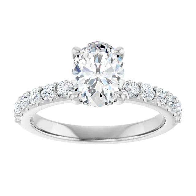 14K White Gold 1 1/2 CTW Oval-Cut Diamond Engagement Ring with Graduated Round Accents