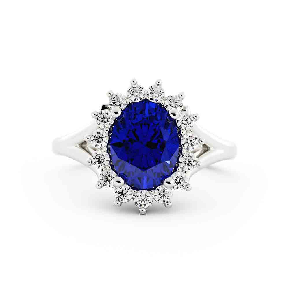 Oval Sapphire With White Diamond Halo Split Ring
