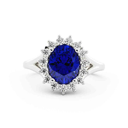 Oval Sapphire With White Diamond Halo Split Ring