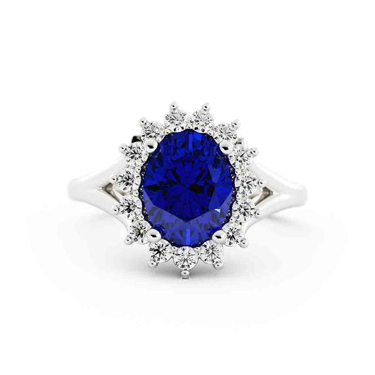 Oval Sapphire With White Diamond Halo Split Ring