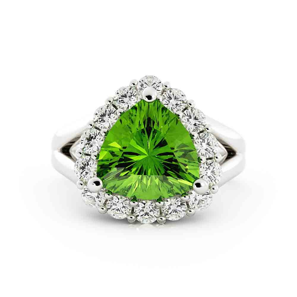 Trillion Peridot Ring Surrounded By Diamonds
