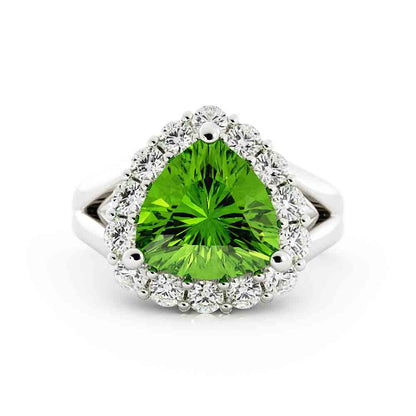 Trillion Peridot Ring Surrounded By Diamonds