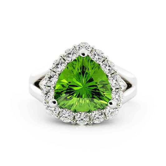 Trillion Peridot Ring Surrounded By Diamonds