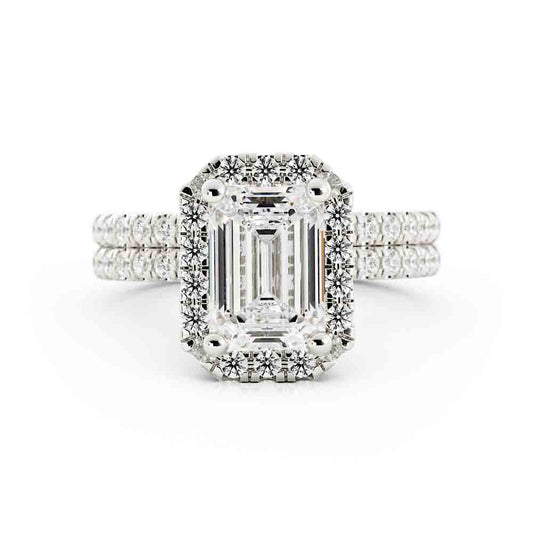 Emerald Cut Center with Halo and Rd Diamond Side stone