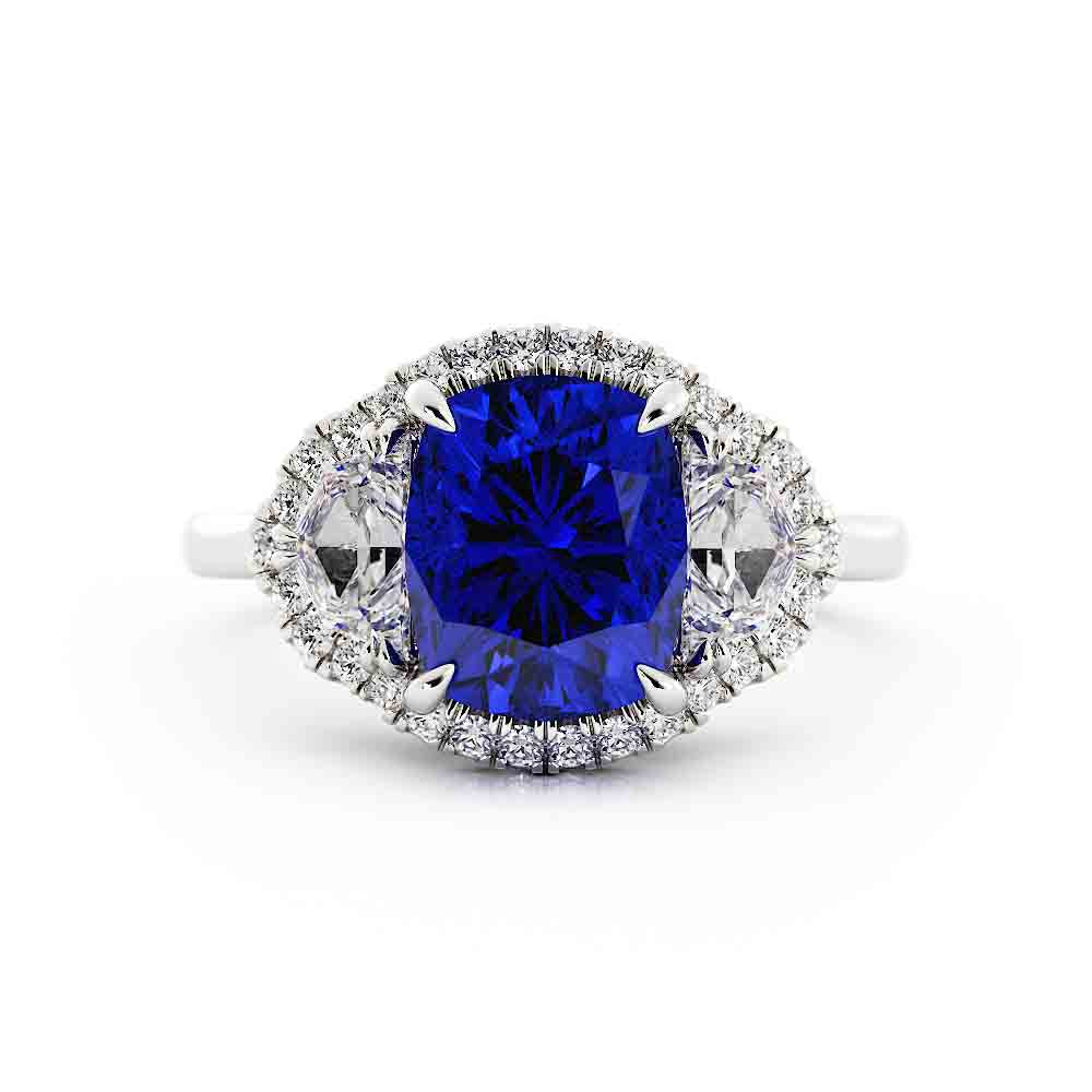 Cushion Blue Sapphire with Diamond Side Stones