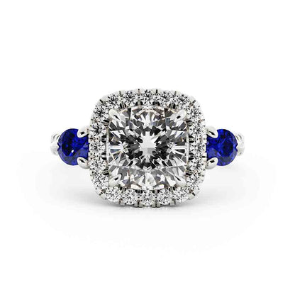 Cushion Laboratory-Grown Diamond with Halo on Two Sapphires on Side